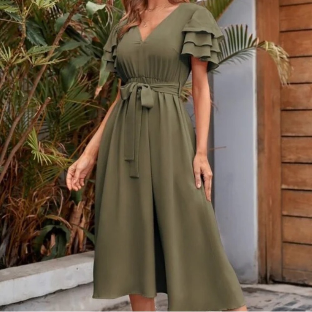 Boho Rust V neck layered Sleeve Midi Dress - Picture 15 of 15